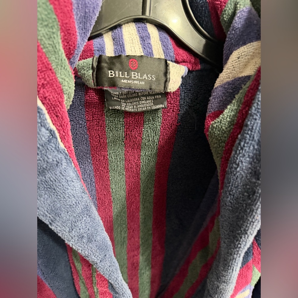 BILL BLASS Terry Cloth Vintage Striped Hooded Bathrobe belt & pockets 3/4 sleeve - Picture 13 of 15